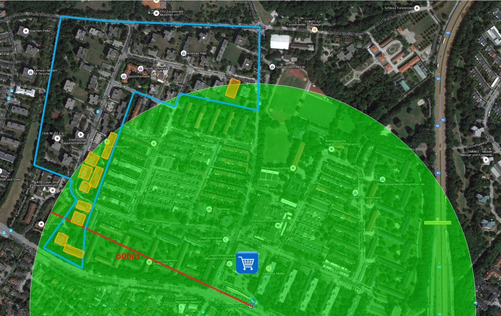 600m Radius, Planungsumgriff, Nahversorgung, Verdichtungskandidaten